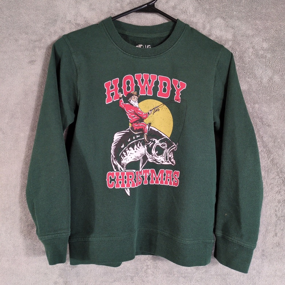 Bass Pro Shops Kids Howdy Christmas Santa Riding Bass Green Sweatshirt Large